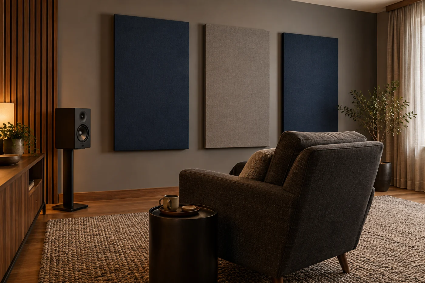 Fabric acoustic panels on a theater-room wall with a rug, armchair and speaker on a stand.