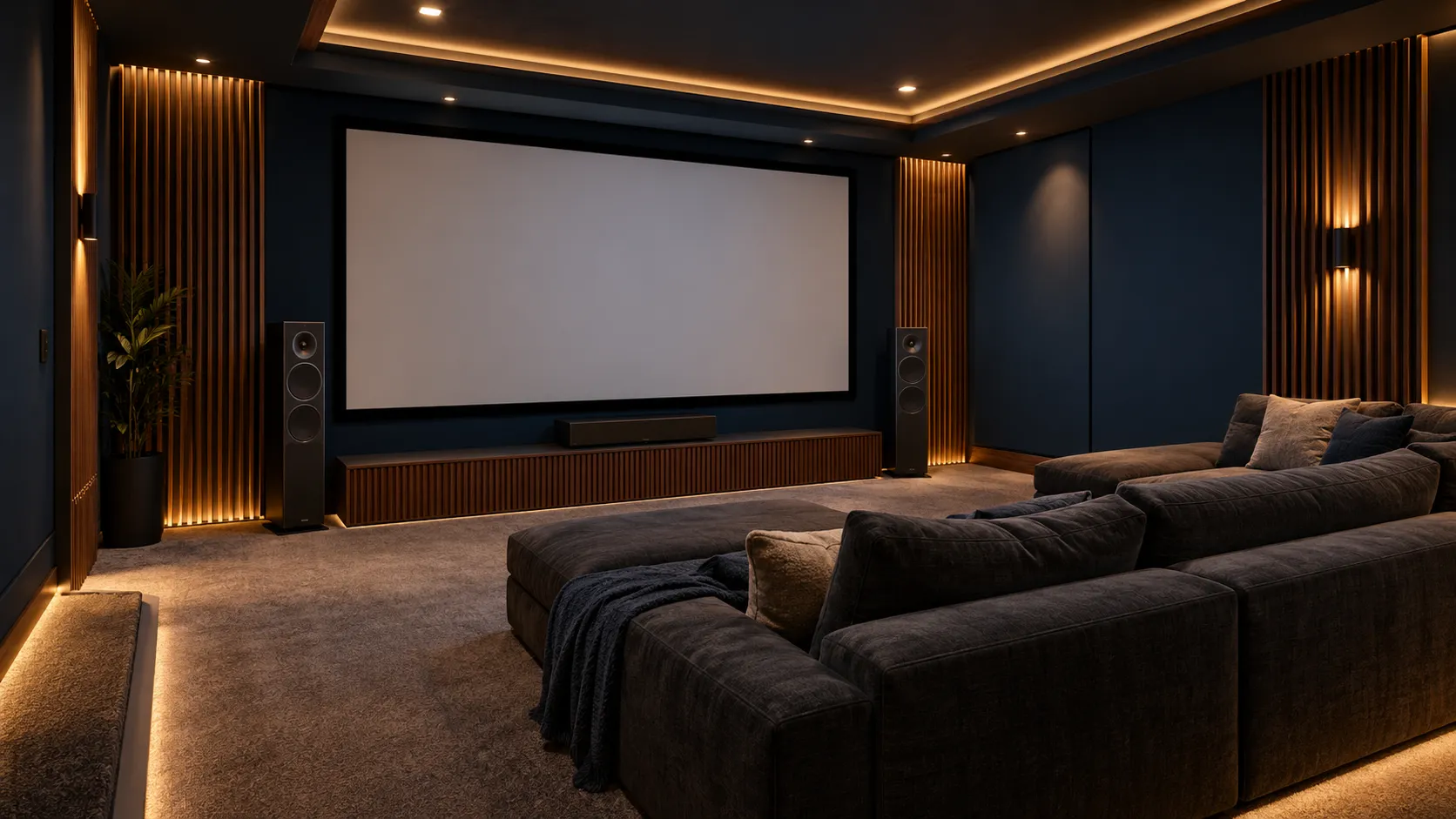 Dark blue home theater with a blank projection screen, front speakers, walnut slat walls and sectional seating.