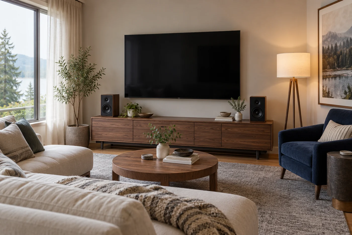 Living room with a blank wall-mounted TV, bookshelf speakers on a walnut console, sofa and navy armchair.