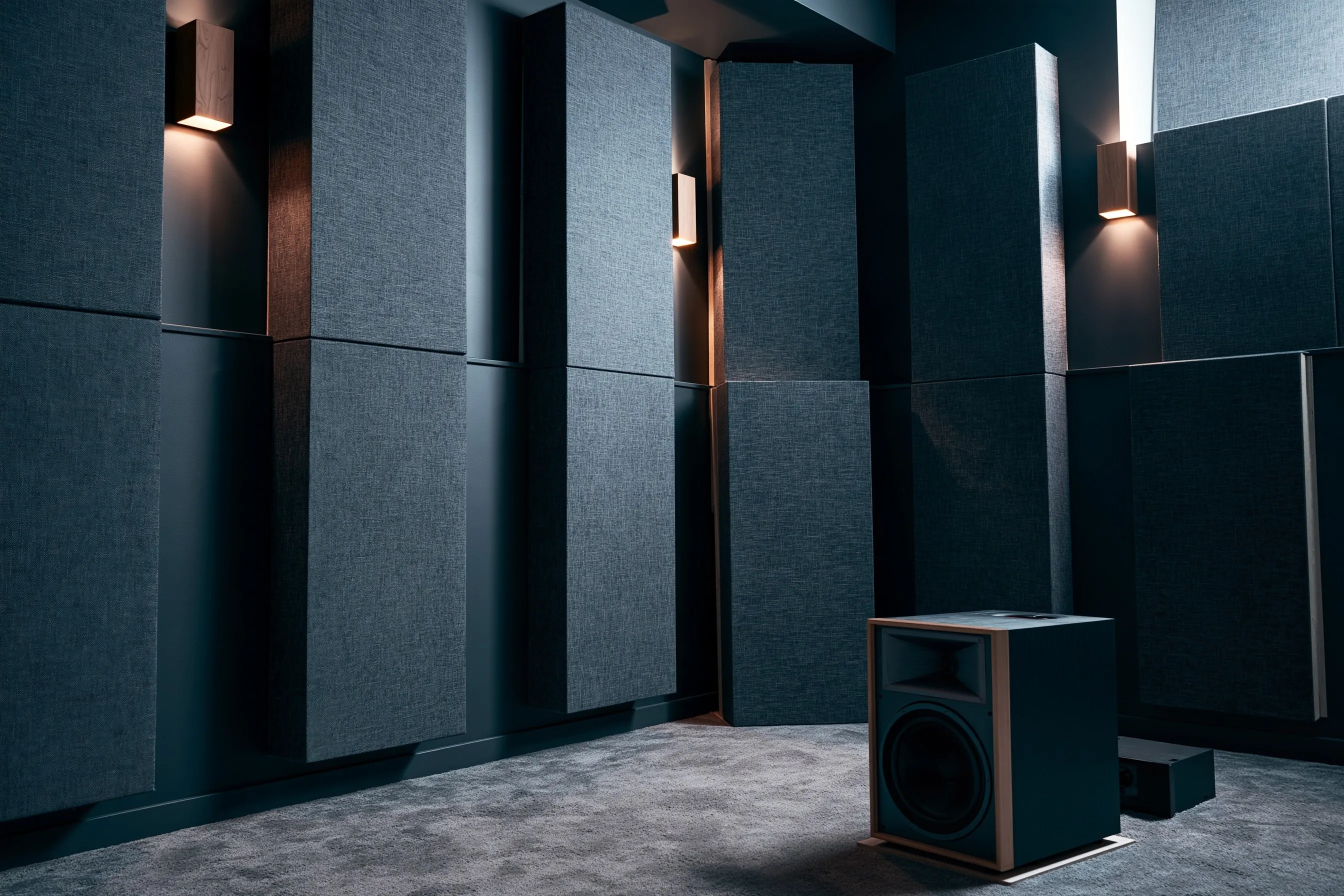 Dark media room with tall fabric panels stacked two high on the walls, tall corner bass traps and a speaker on the carpet