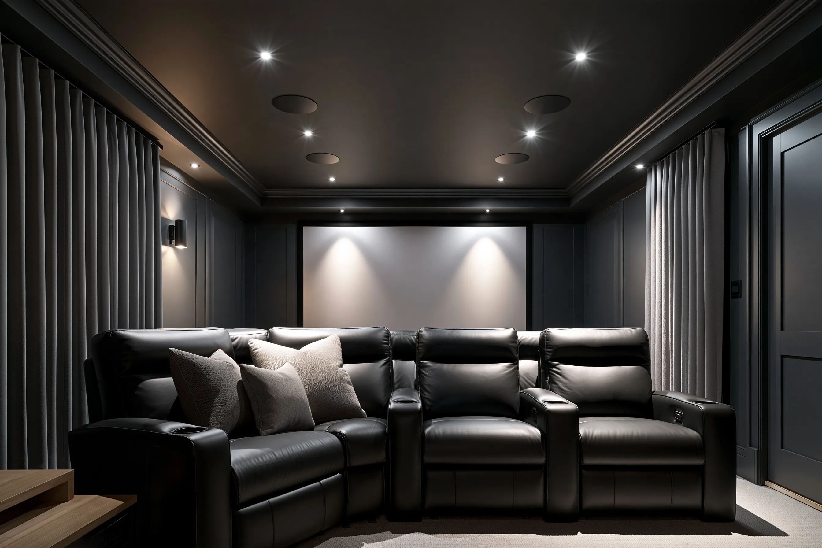 Dark theater ceiling with four flush round speakers above a row of leather recliners