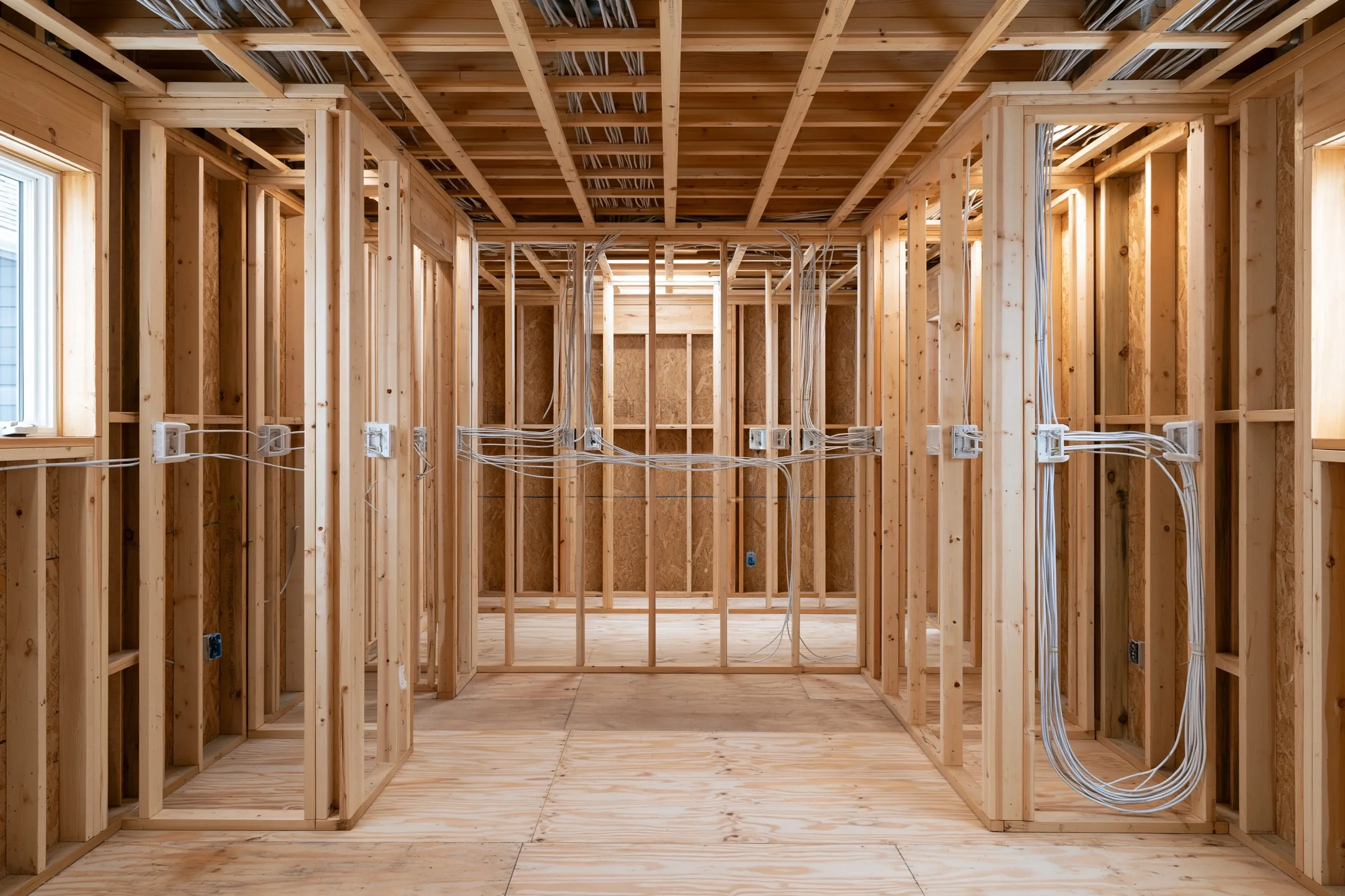 Framed rooms with open stud walls, bundled cables, white low-voltage brackets and a plywood floor before drywall