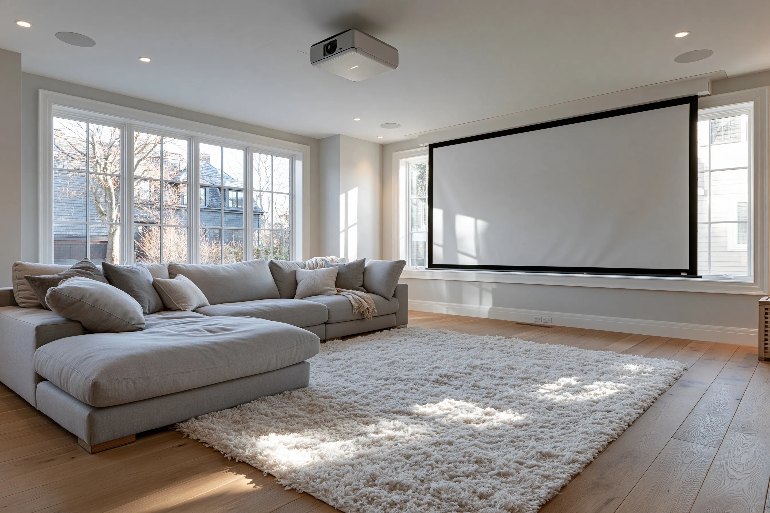 Bright living room with a ceiling projector, a screen lowered in front of a window and a large sectional sofa