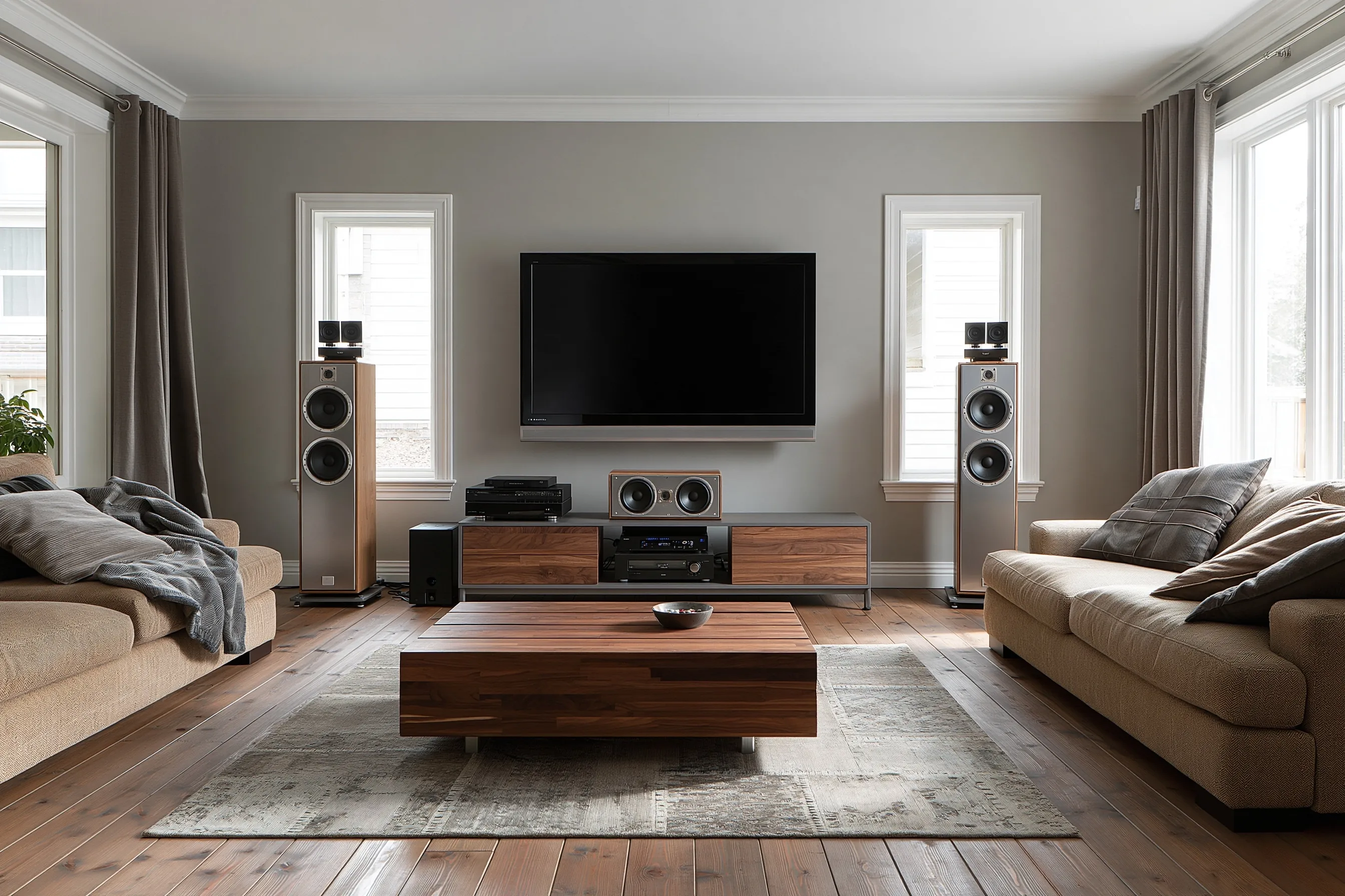 Living room TV wall with tower speakers on either side, a center speaker on a walnut console and two sofas facing each other
