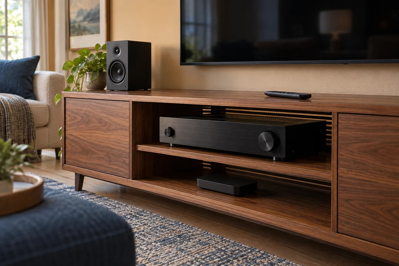 Closed audio equipment on ventilated walnut shelves beneath a TV, with a remote resting on the cabinet.